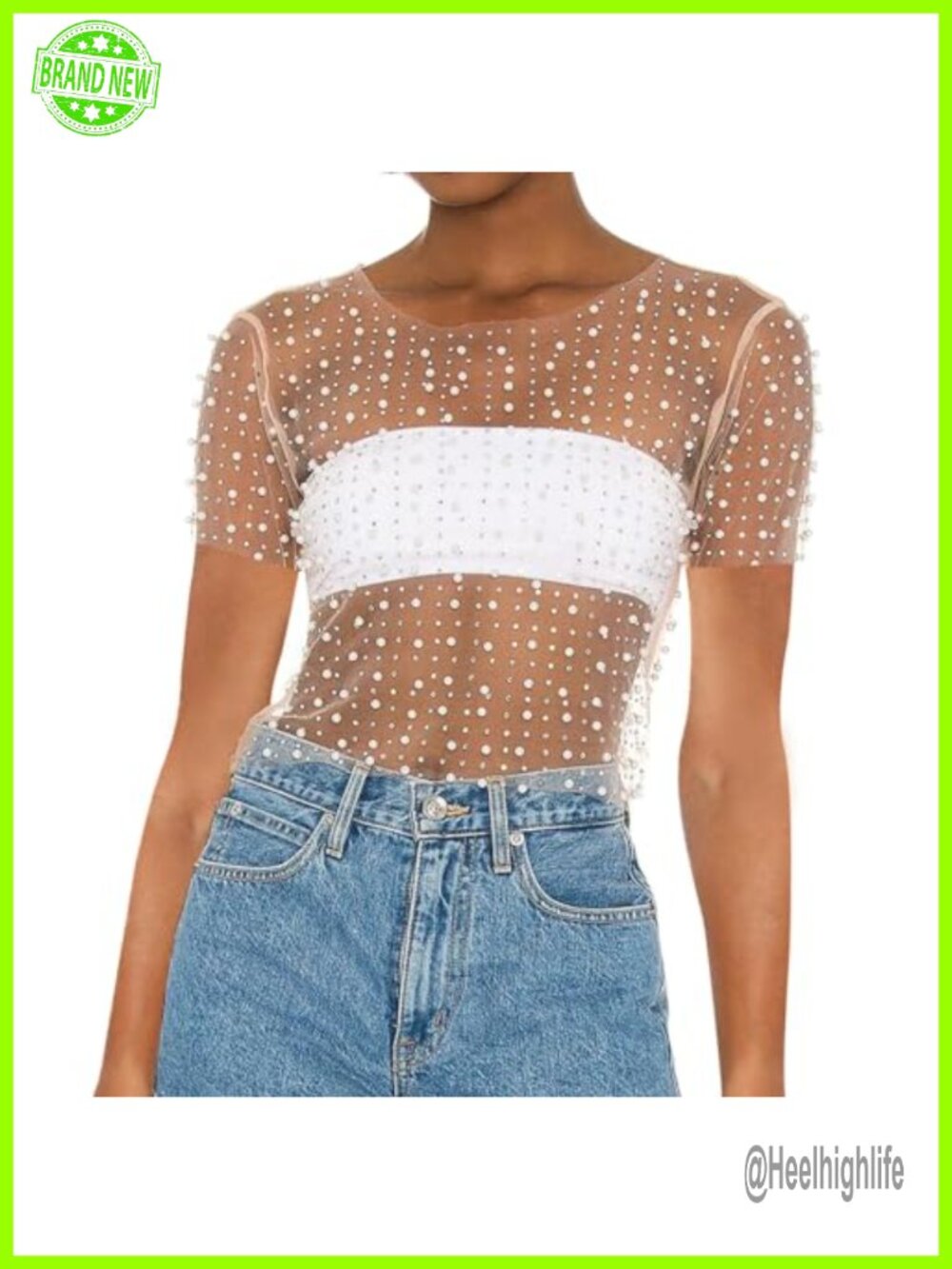 Women Sheer Mesh Rhinestone Pearl Crop Top Slim Fit Short Sleeve Club Tee